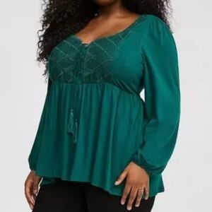 Torrid Emerald Green Super Soft Knit 3/4 Sleeve Lace Up Front Top